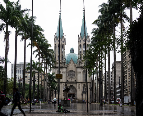 Architectural detail of the Sao Paulo Metropolitan Cathedral, also known as the See Cathedral (Catedral da Sé), the cathedral of the Roman Catholic Archdiocese of the city
