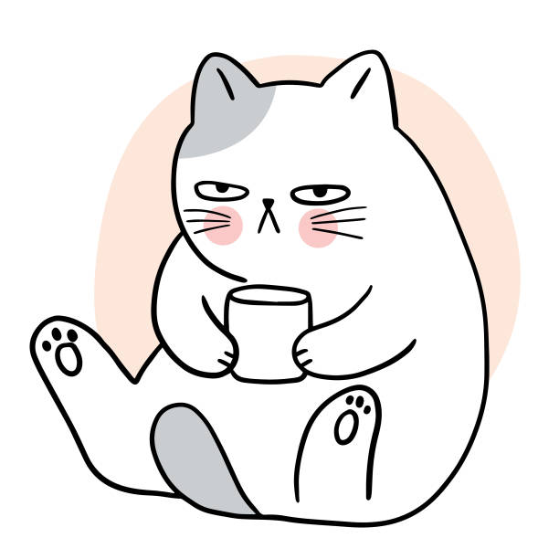 Cartoon cute boring cat drink coffee vector. Cartoon cute boring cat drink coffee vector. kawaii cat stock illustrations