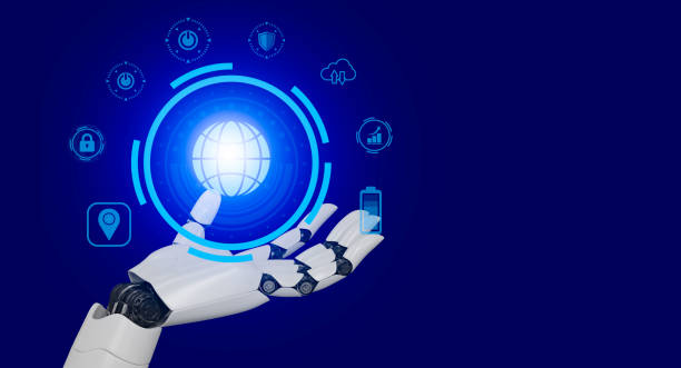 istock robot hand holding and touching digital world on 3d blue background global communication and network rendering mixed media different icons 1413360740