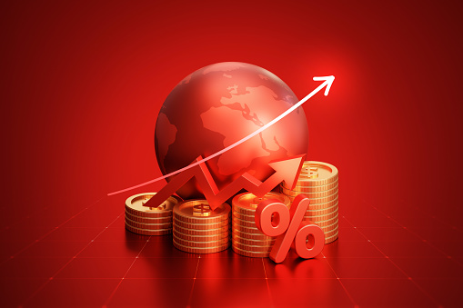 Global business crisis financial on economy investment 3d background with gold coins market graph arrow money crash chart or impact world stock finance economic and growth interest percent marketing.