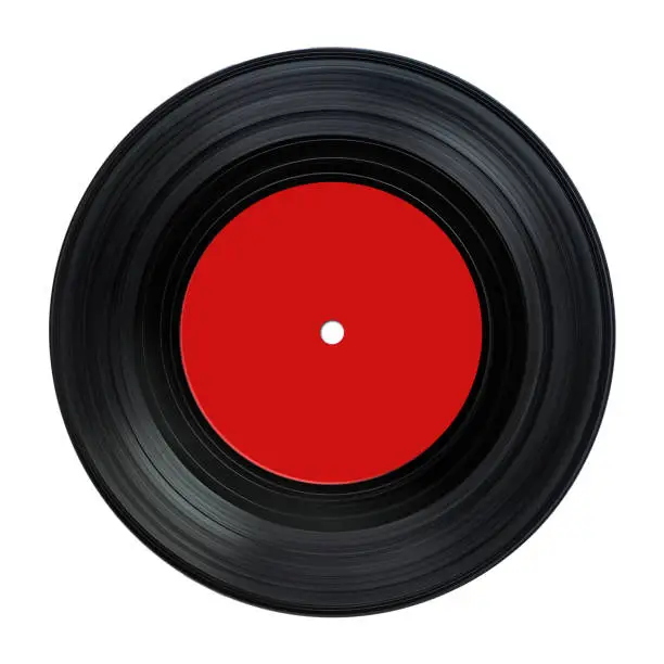 Photo of EP (Extended Play) vinyl disc red label mockup template design 7-inch plate