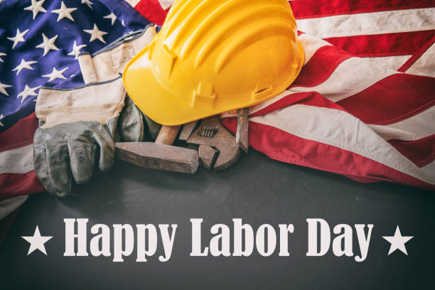 istock Happy Labor Day text, USA flag and construction tools, holiday celebration 1413370890