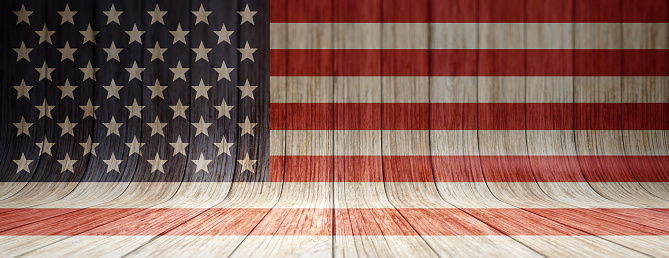 USA Flag on curved wooden planks. National US America holiday celebration template, banner