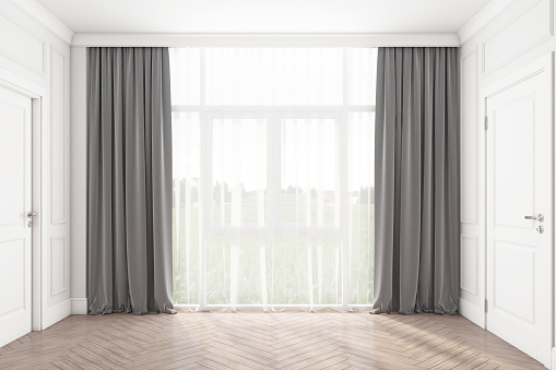 Empty room with window and gray curtains using white tones in the decoration design. 3D rendering