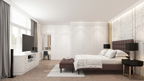 Modern luxury bedroom with wall cornice and marble walls using white tones in the decoration design. 3D rendering