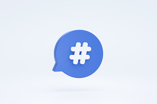 Hashtag social media sign or symbol icon on bubble speech chat 3d rendering