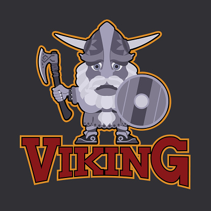 Viking mascot with shield. Cartoon style