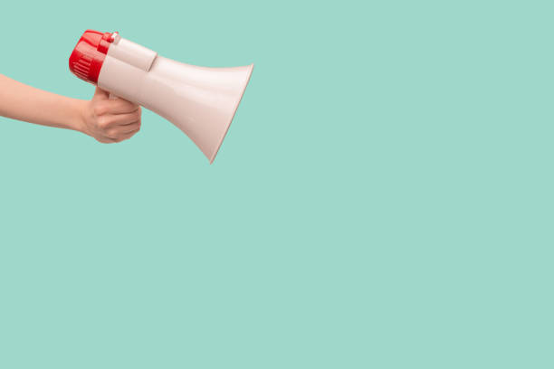 istock Megaphone in woman hands on a green background. 1413372477