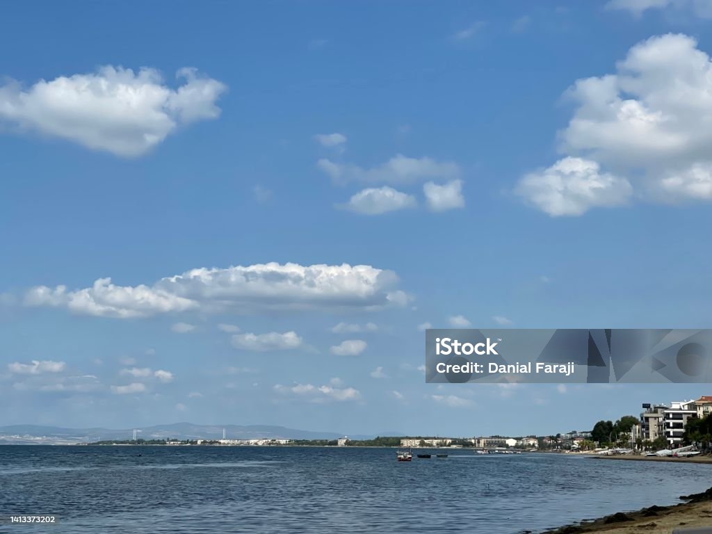 Turkey beach coastal line Yalova ciflikkoy beach line, horizon in a hot summer with clean cloudy sky Asia Stock Photo