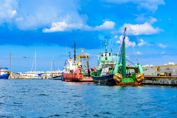 Moored fishing trawlers in port of the town Nessebar, Bulgaria stock photo