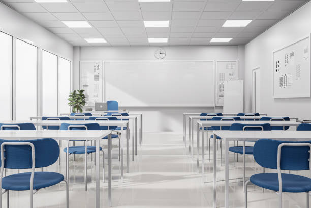 Minimal style modern white classroom with blue chairs 3d render stock photo