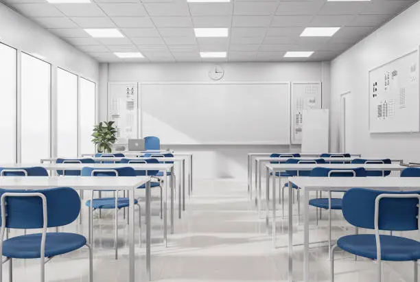 Photo of Minimal style modern white classroom with blue chairs 3d render