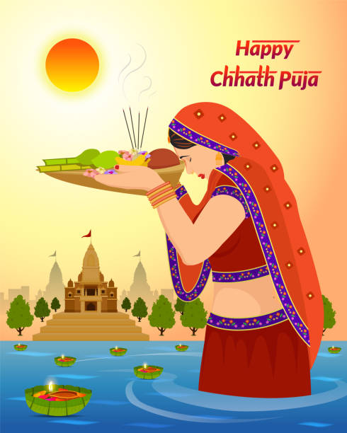 illustrations, cliparts, dessins animés et icônes de happy chhath puja arrière-plan - devotee