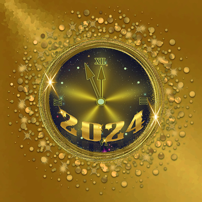 Gold background 2024 with glitter and clock.