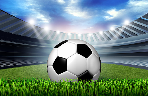 France flag, golden championâs cup and soccer ball on grass.Concept sport. Selective focus