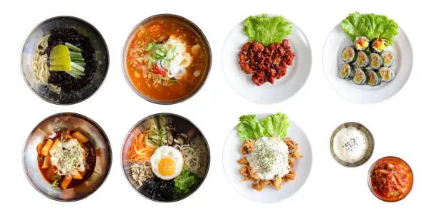 Top view of Korean food traditional dishes isolated on white background with clipping path