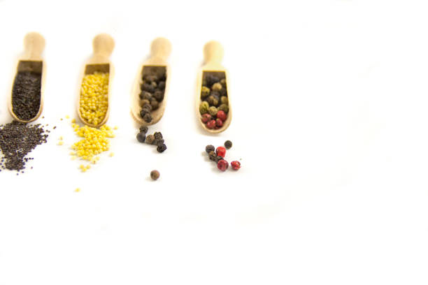 Spices. Spice in Wooden spoon. Herbs, Saffron, cinnamon and other isolated on a white background