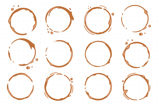 Collection of coffee cup round stains of simple shapes. Tablecloth dirty mark of coffee, tea or cocoa. Vector illustration, drops and splashes on white.