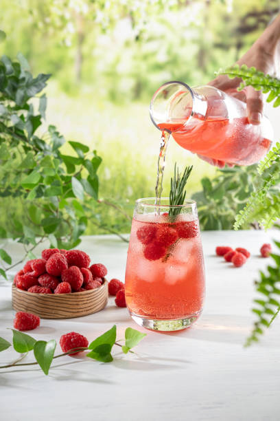 istock Summer refreshing non-alcoholic cocktails. Raspberry lemonade garnished with fresh rosemary. Summer raspberry beverage with sparkling water. Copy space. 1413390474
