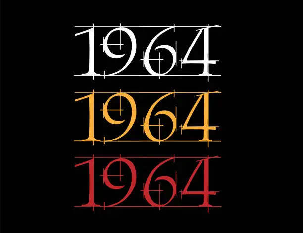 Vector illustration of Scratched font year 1964. Numeral in white, orange and red on black background.