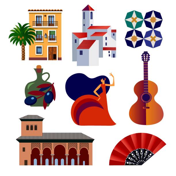 ilustraciones, imágenes clip art, dibujos animados e iconos de stock de conjunto de iconos y símbolos vectoriales andaluces - computer graphic image women national landmark