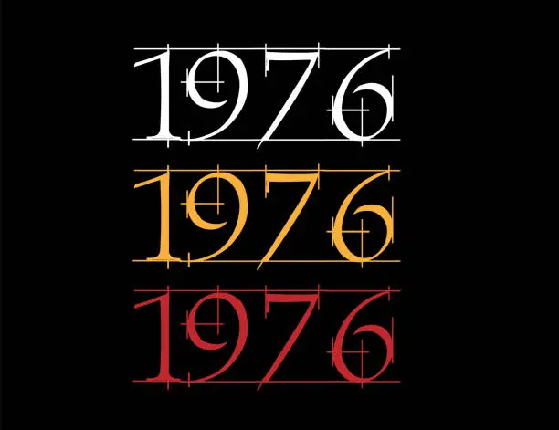 Vector illustration of Scratched font year 1976. Numeral in white, orange and red on black background.