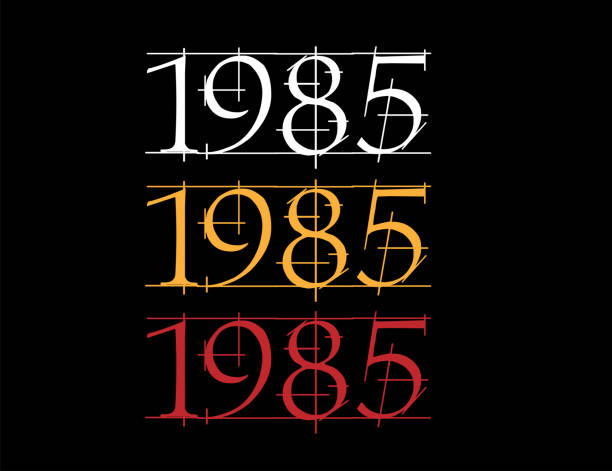 ilustrações, clipart, desenhos animados e ícones de ano de fonte riscado de 1985. numeral em branco, laranja e vermelho no fundo preto. - 1985