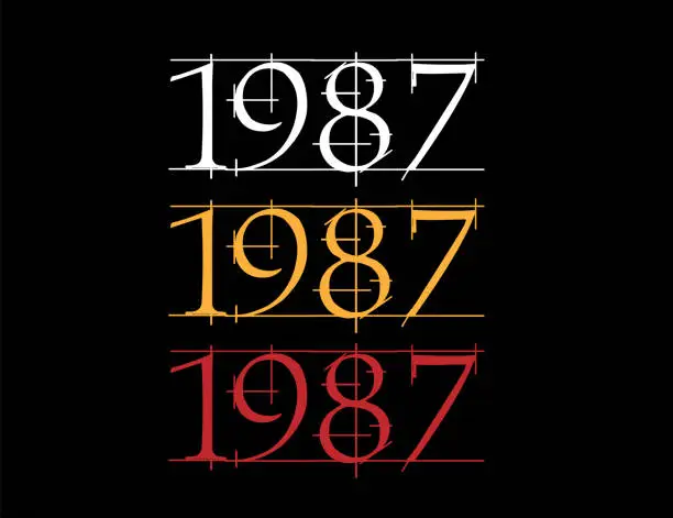 Vector illustration of Scratched font year 1987. Numeral in white, orange and red on black background.