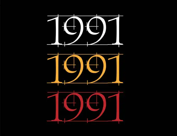 Vector illustration of Scratched font year 1991. Numeral in white, orange and red on black background.