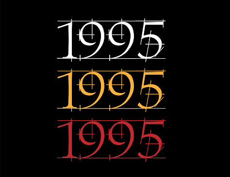 Scratched font year 1995. Numeral in white, orange and red on black background.