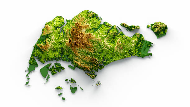 Singapore Map Shaded relief Color Height map on white Background 3d illustration