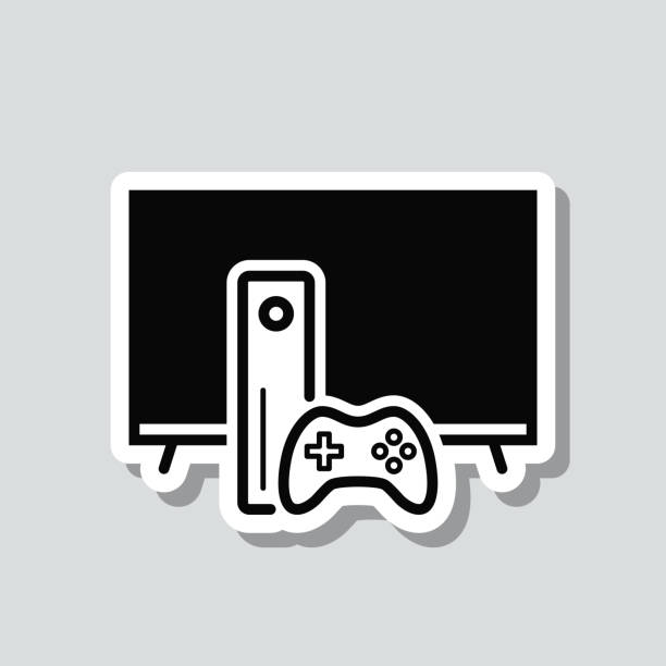 telewizor z konsolą do gier. naklejka ikony na szarym tle - three dimensional shape joystick gamepad computer icon stock illustrations