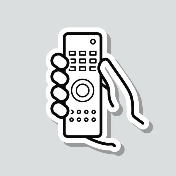 Vector illustration of Hand holding remote control. Icon sticker on gray background