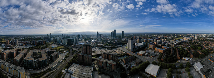 Manchester City Centre Drone Aerial View Above Building Work Skyline Construction Blue Sky Summer Beetham Tower Panoramic 2022