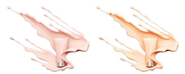makijaż płynny krem podkładowy butelka kosmetyków na rozpryskujący płyn kosmetyczny, reklama. tonik nawilżający, krem, izolowany, rendering 3d; - wodna korona zdjęcia i obrazy z banku zdjęć