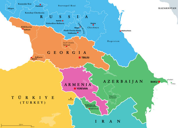 ilustraciones, imágenes clip art, dibujos animados e iconos de stock de la región del cáucaso, caucasia, coloreó el mapa político con áreas en disputa - dormant volcano illustrations
