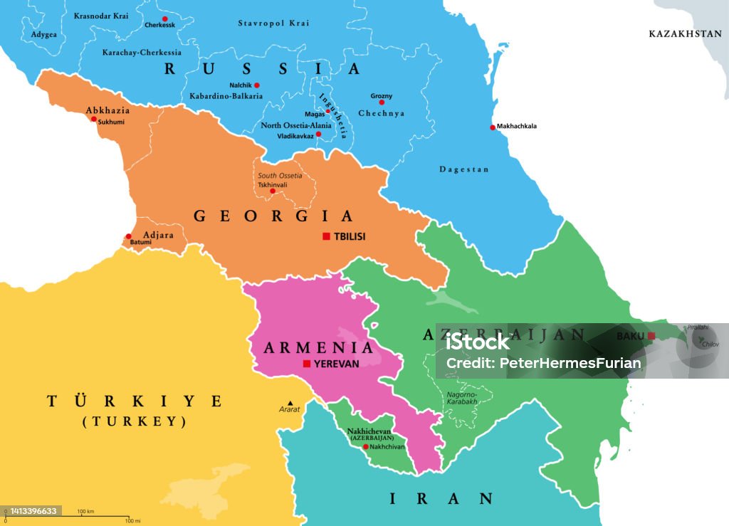 The Caucasus region, Caucasia, colored political map with disputed areas The Caucasus, Caucasia, colored political map. Region between the Black Sea and the Caspian Sea, mainly occupied by Armenia, Azerbaijan, Georgia, and parts of Southern Russia. Map with disputed areas. Azerbaijan stock vector