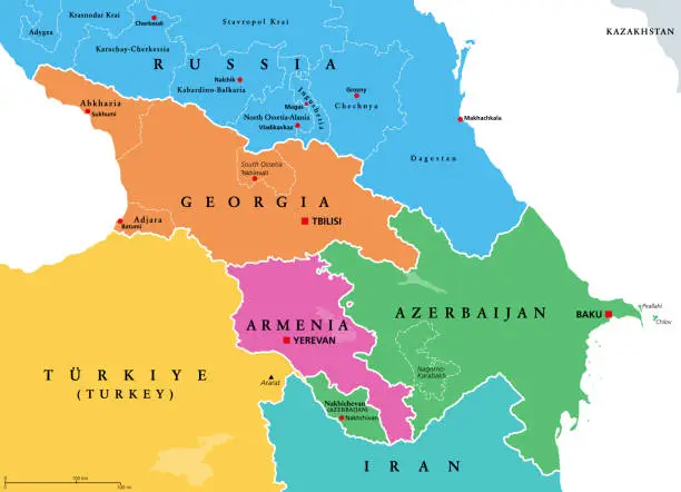 Vector illustration of The Caucasus region, Caucasia, colored political map with disputed areas