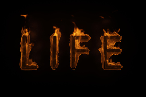 burning word life isolated on black. 3d rendering