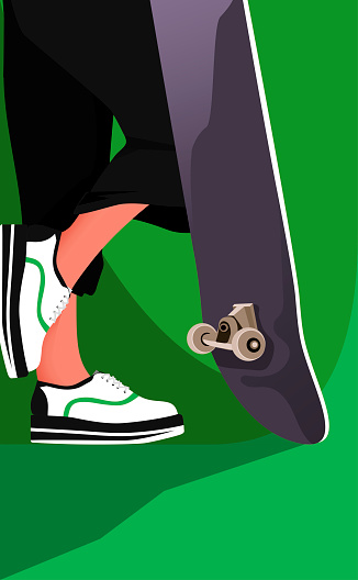 Vector illustration of young people standing besides the skateboard.