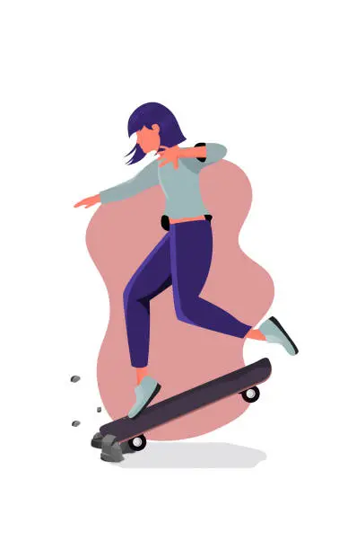 Vector illustration of Young woman falling from skateboard on road.