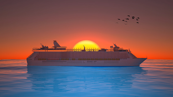 big cruise liner at sea at sunset side view. 3d rendering