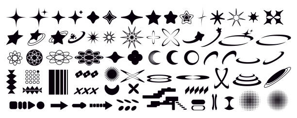 Set of Y2K bling retro elements and abstract brutalism shapes Set of Y2K bling retro elements and abstract brutalism shapes. Hipster graphic objects for logo, icon, web design. Modern vector illustration isolated on white background the millennium stock illustrations