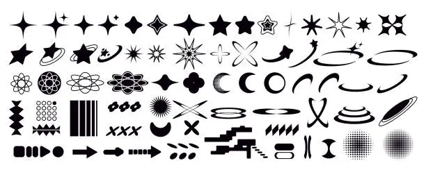 Vector illustration of Set of Y2K bling retro elements and abstract brutalism shapes