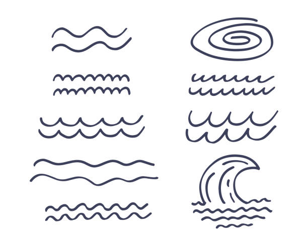 Hand drawn set of wave water elements Hand drawn set of wave water elements. Doodle sketch style vector illustration. Simple design for icon, logo, lake grunge stock illustrations