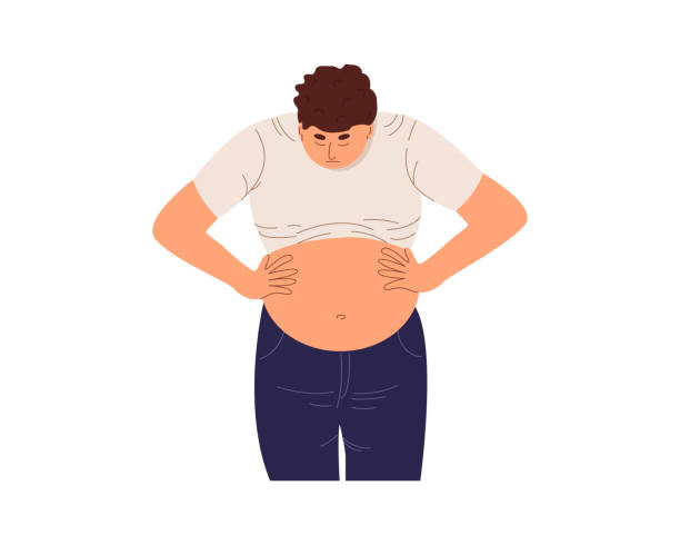 Young overweight man worries about his fat belly Young overweight man worries about his fat belly. Sad chubby guy looking on big full  tummy. Weight loss, diet concept. Flat vector illustration isolated on white background pot belly stock illustrations