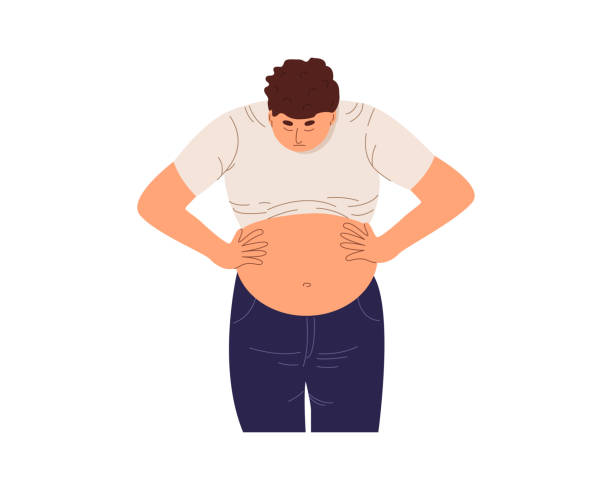 Young overweight man worries about his fat belly Young overweight man worries about his fat belly. Sad chubby guy looking on big full tummy. Weight loss, diet concept. Flat vector illustration isolated on white background pot belly stock illustrations