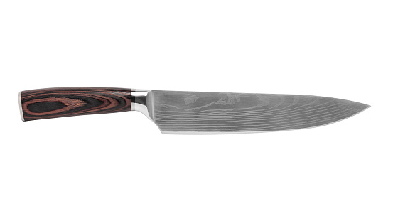Cuchillos de cocina de acero, Vista superior del cuchillo de acero japonés de Damasco sobre fondo blanco. Cuchillo jefe aislado con trayectoria de recorte. photo