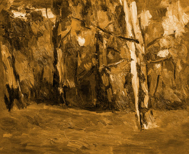 istock Illustration oil painting natural landscape tree trunks with leaves yellowing grass on a background of the autumn sky in sepia tone 1413400691
