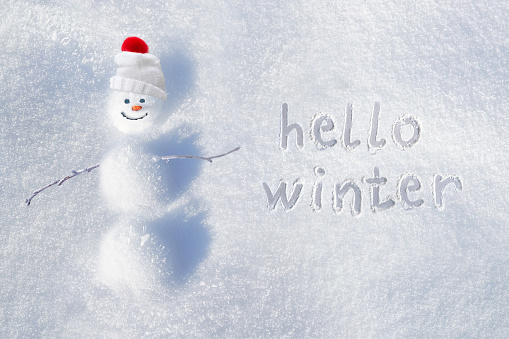 Concept wallpaper of winter, cheerful snowman of snowdrifts on snow and a handwritten inscription \